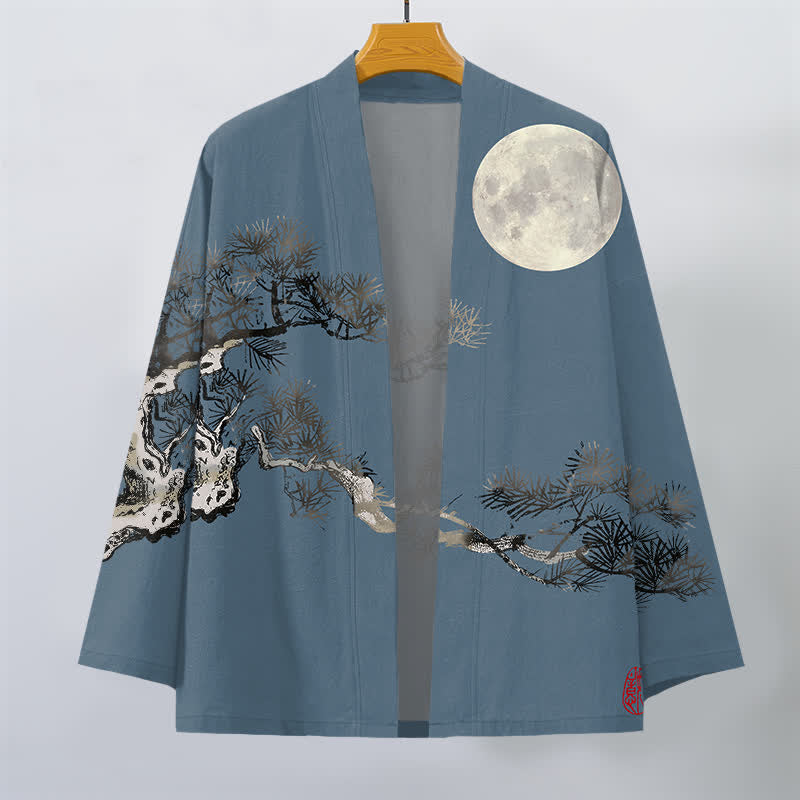 Buddha Stones Kimono da uomo in cotone con motivo a luna piena e pini, aperto sul davanti. - image 1