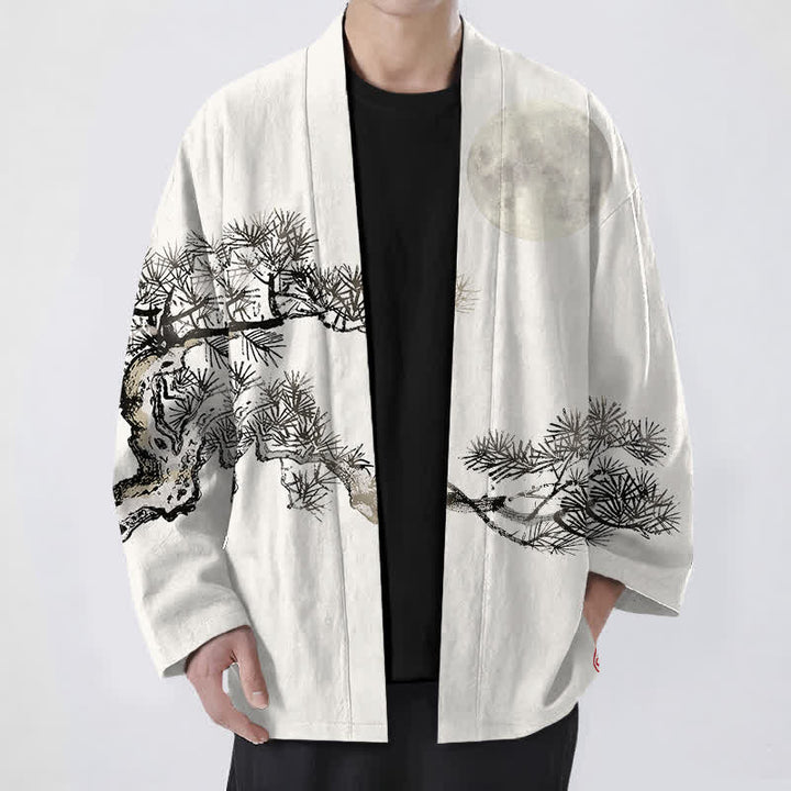 Buddha Stones Kimono da uomo in cotone con motivo a luna piena e pini, aperto sul davanti. - Avorio - US/UK/AU48, EU58 (4XL) - image 6