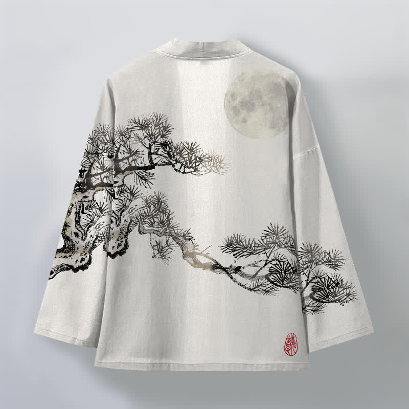 Buddha Stones Kimono da uomo in cotone con motivo a luna piena e pini, aperto sul davanti. - image 8