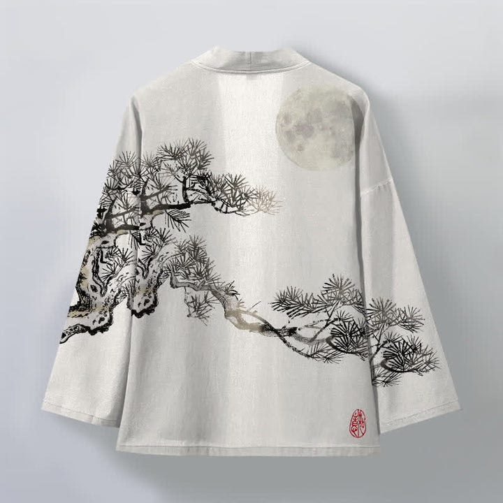 Buddha Stones Kimono da uomo in cotone con motivo a luna piena e pini, aperto sul davanti. - image 8