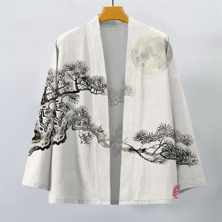 Buddha Stones Kimono da uomo in cotone con motivo a luna piena e pini, aperto sul davanti. - image 7