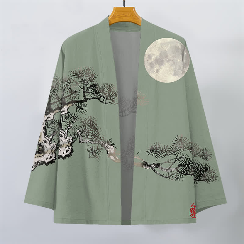 Buddha Stones Kimono da uomo in cotone con motivo a luna piena e pini, aperto sul davanti. - image 10