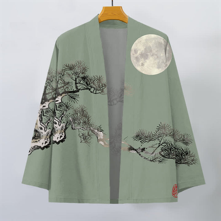 Buddha Stones Kimono da uomo in cotone con motivo a luna piena e pini, aperto sul davanti. - image 10