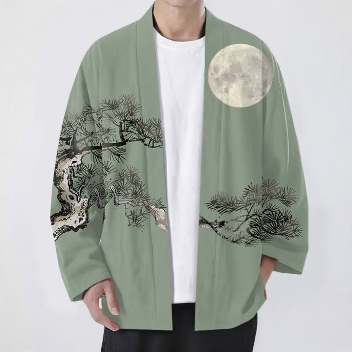 Buddha Stones Kimono da uomo in cotone con motivo a luna piena e pini, aperto sul davanti. - Verde Mare Scuro - US/UK/AU48, EU58 (4XL) - image 9