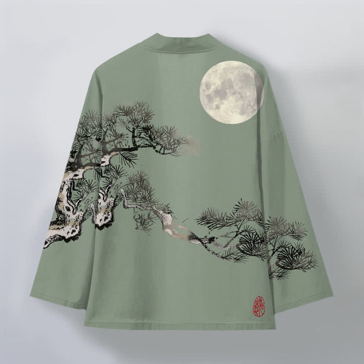 Buddha Stones Kimono da uomo in cotone con motivo a luna piena e pini, aperto sul davanti. - image 11