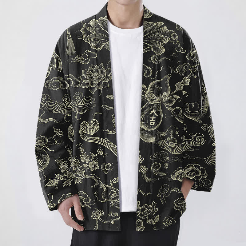 Buddha Stones Kimono da uomo in cotone con motivo a nuvole e loto, aperto sul davanti. - Nero - US/UK/AU48, EU58 (4XL) - image 0