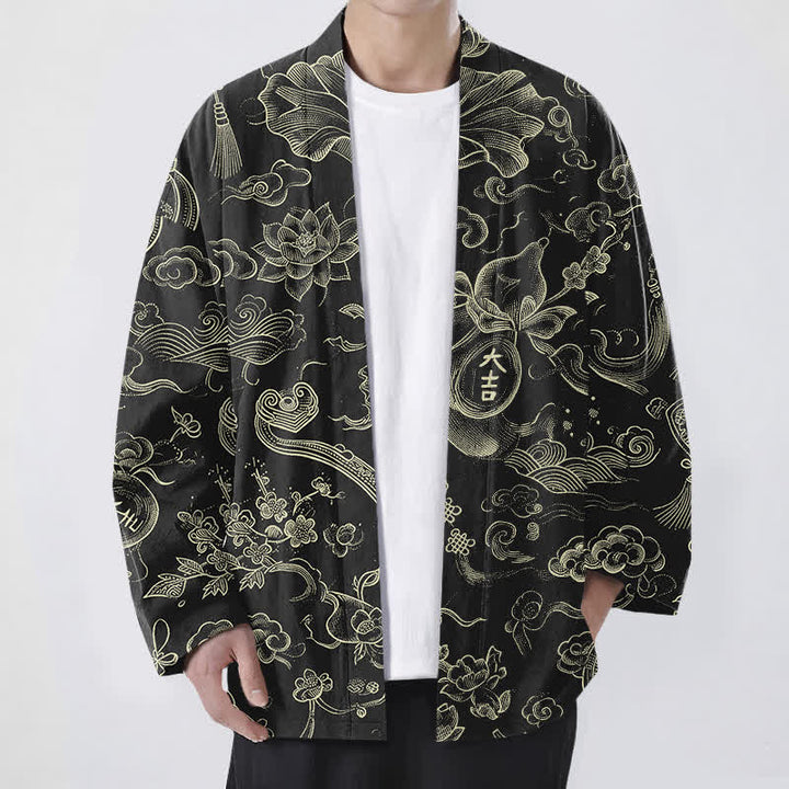 Buddha Stones Kimono da uomo in cotone con motivo a nuvole e loto, aperto sul davanti. - Nero - US/UK/AU48, EU58 (4XL) - image 0