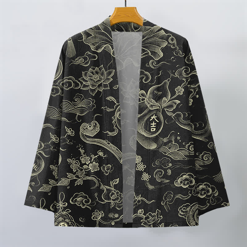 Buddha Stones Kimono da uomo in cotone con motivo a nuvole e loto, aperto sul davanti. - image 1