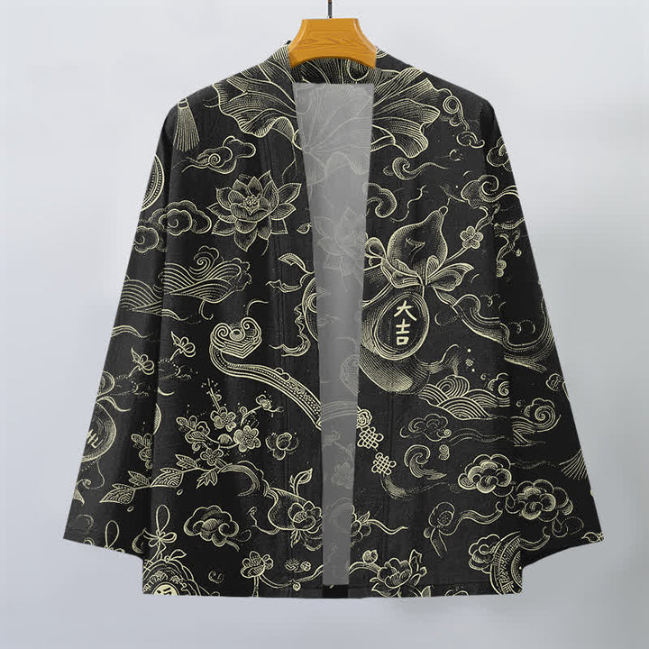 Buddha Stones Kimono da uomo in cotone con motivo a nuvole e loto, aperto sul davanti. - image 1