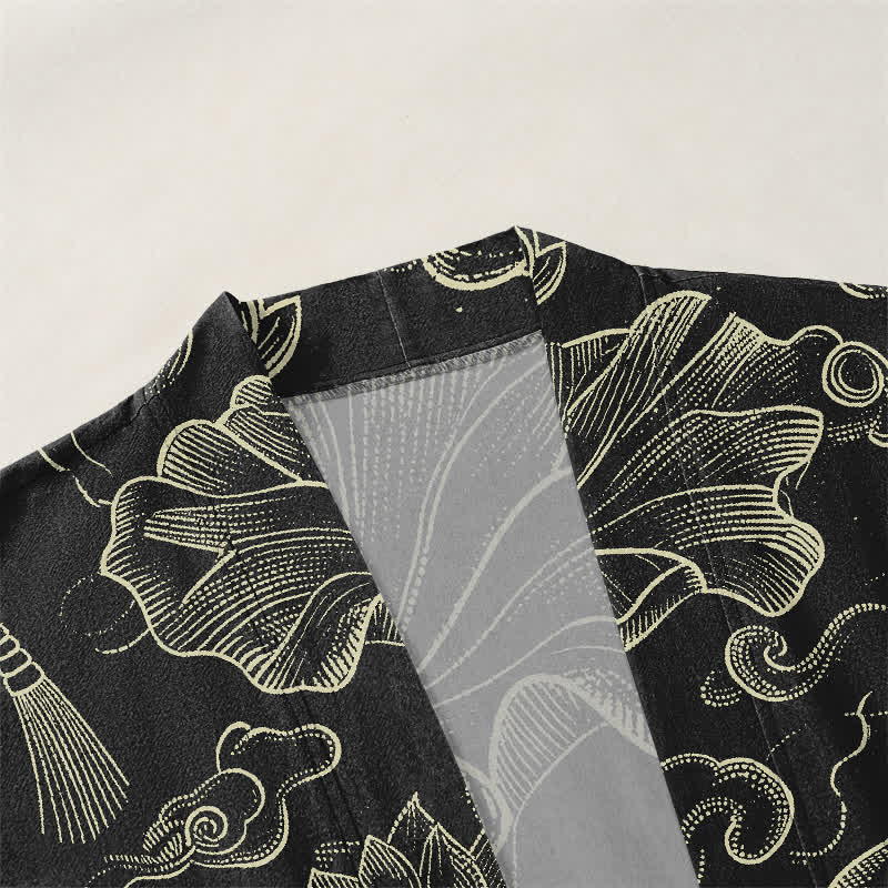 Buddha Stones Kimono da uomo in cotone con motivo a nuvole e loto, aperto sul davanti. - image 3