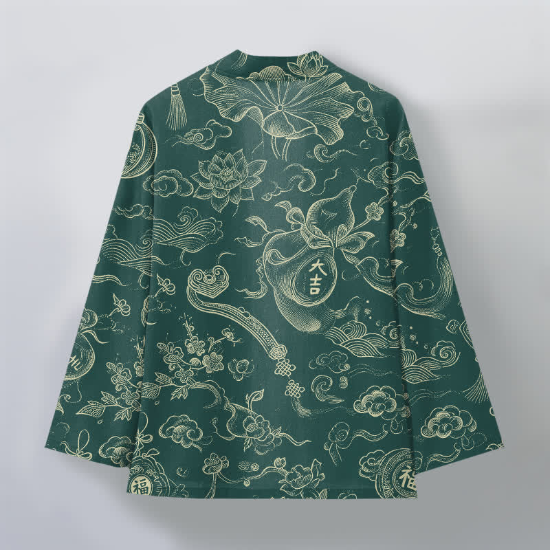 Buddha Stones Kimono da uomo in cotone con motivo a nuvole e loto, aperto sul davanti. - image 8