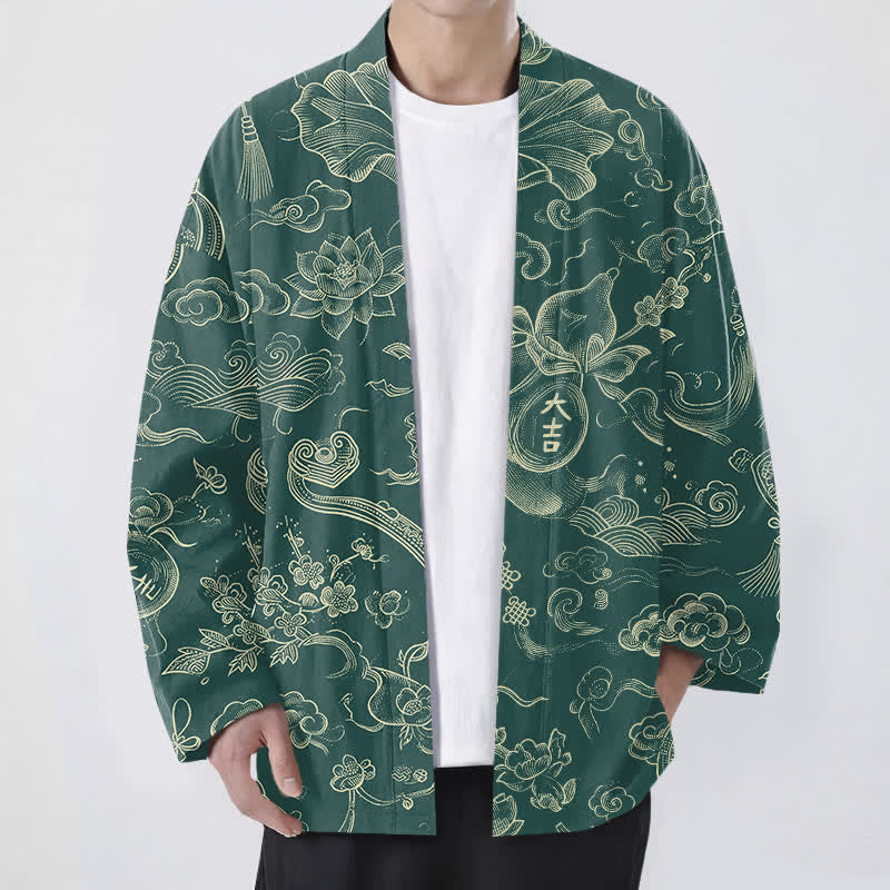 Buddha Stones Kimono da uomo in cotone con motivo a nuvole e loto, aperto sul davanti. - Verde mare - US/UK/AU48, EU58 (4XL) - image 6