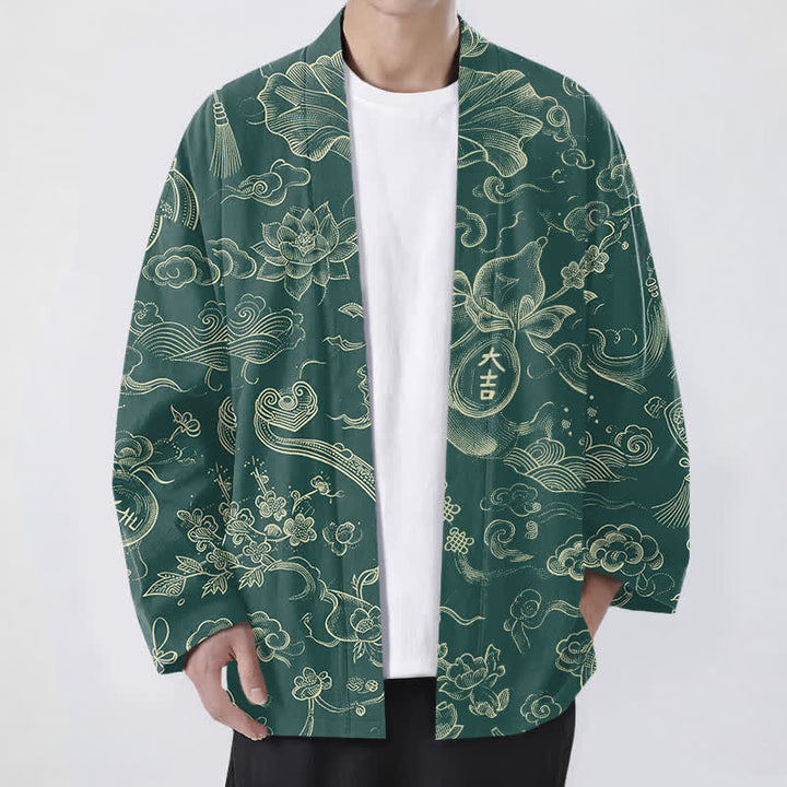 Buddha Stones Kimono da uomo in cotone con motivo a nuvole e loto, aperto sul davanti. - Verde mare - US/UK/AU48, EU58 (4XL) - image 6