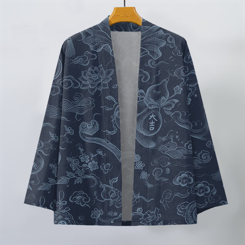 Buddha Stones Kimono da uomo in cotone con motivo a nuvole e loto, aperto sul davanti. - image 10