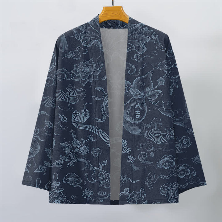 Buddha Stones Kimono da uomo in cotone con motivo a nuvole e loto, aperto sul davanti. - image 10