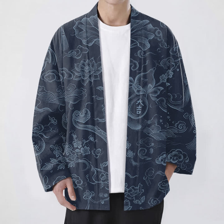 Buddha Stones Kimono da uomo in cotone con motivo a nuvole e loto, aperto sul davanti. - Marina - US/UK/AU48, EU58 (4XL) - image 9