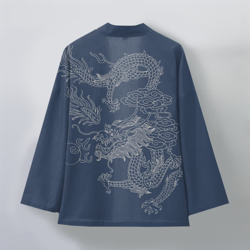 Buddha Stones Kimono da uomo in cotone bianco con motivo drago e nuvole, aperto sul davanti. - image 2