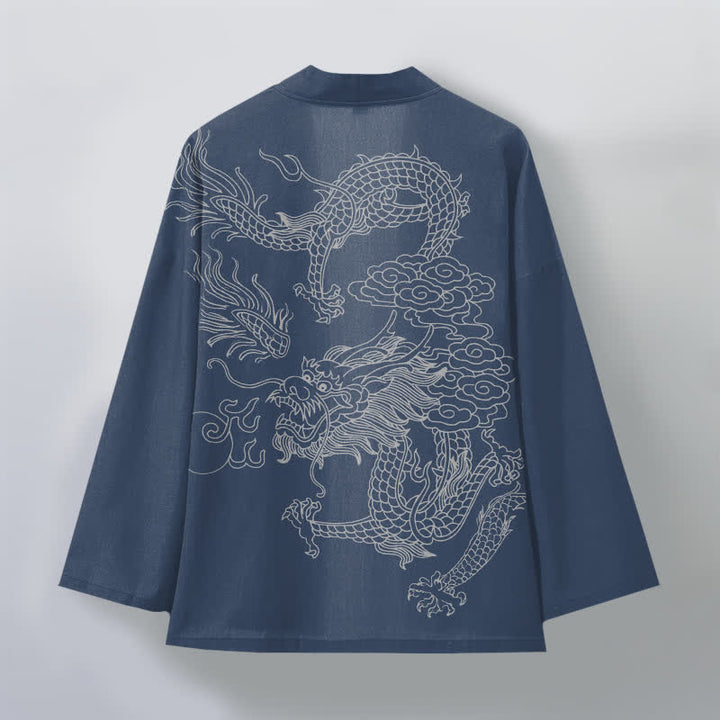 Buddha Stones Kimono da uomo in cotone bianco con motivo drago e nuvole, aperto sul davanti. - image 2