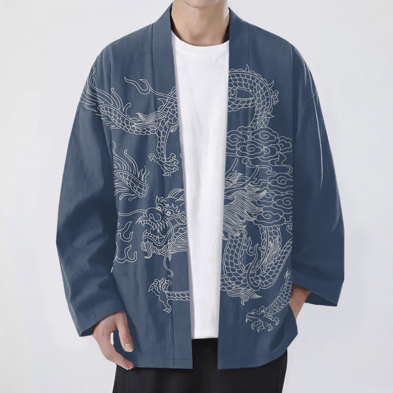Buddha Stones Kimono da uomo in cotone bianco con motivo drago e nuvole, aperto sul davanti. - SteelBlue - US/UK/AU48, EU58 (4XL) - image 0