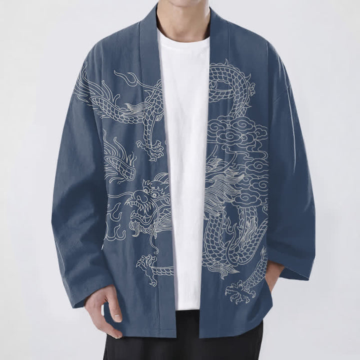 Buddha Stones Kimono da uomo in cotone bianco con motivo drago e nuvole, aperto sul davanti. - SteelBlue - US/UK/AU48, EU58 (4XL) - image 0