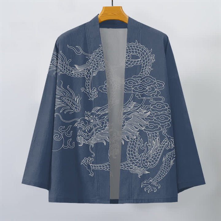 Buddha Stones Kimono da uomo in cotone bianco con motivo drago e nuvole, aperto sul davanti. - image 1