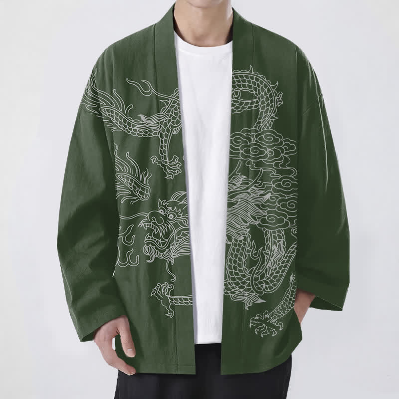 Buddha Stones Kimono da uomo in cotone bianco con motivo drago e nuvole, aperto sul davanti. - Verde scuro - US/UK/AU48, EU58 (4XL) - image 6