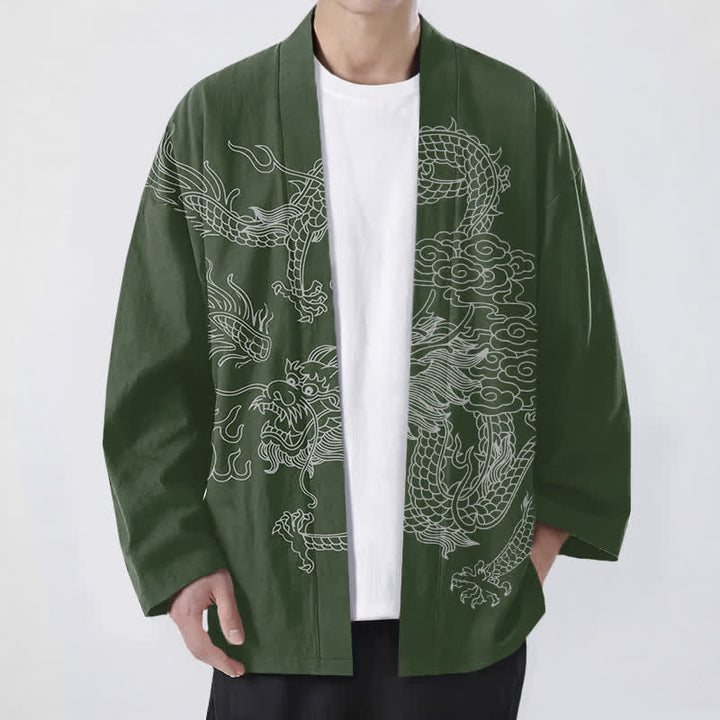 Buddha Stones Kimono da uomo in cotone bianco con motivo drago e nuvole, aperto sul davanti. - Verde scuro - US/UK/AU48, EU58 (4XL) - image 6