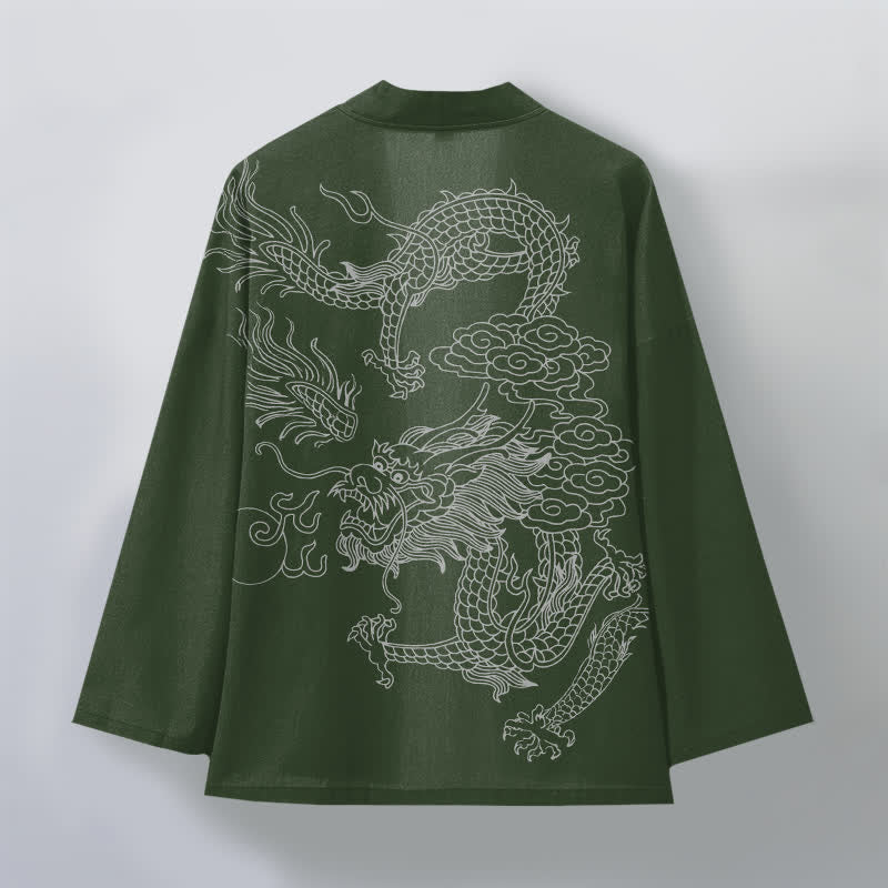 Buddha Stones Kimono da uomo in cotone bianco con motivo drago e nuvole, aperto sul davanti. - image 8