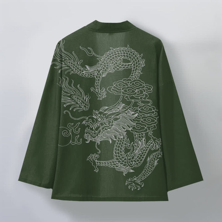 Buddha Stones Kimono da uomo in cotone bianco con motivo drago e nuvole, aperto sul davanti. - image 8