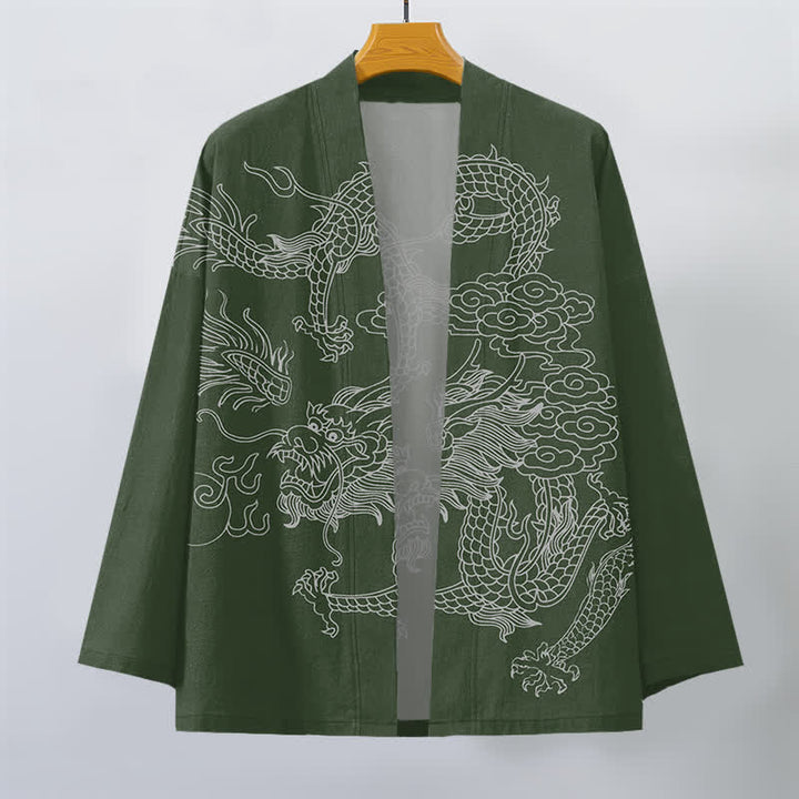 Buddha Stones Kimono da uomo in cotone bianco con motivo drago e nuvole, aperto sul davanti. - image 7