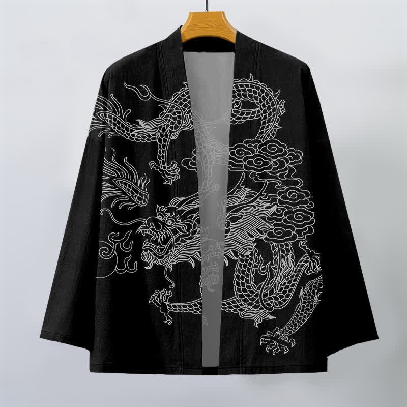 Buddha Stones Kimono da uomo in cotone bianco con motivo drago e nuvole, aperto sul davanti. - image 10