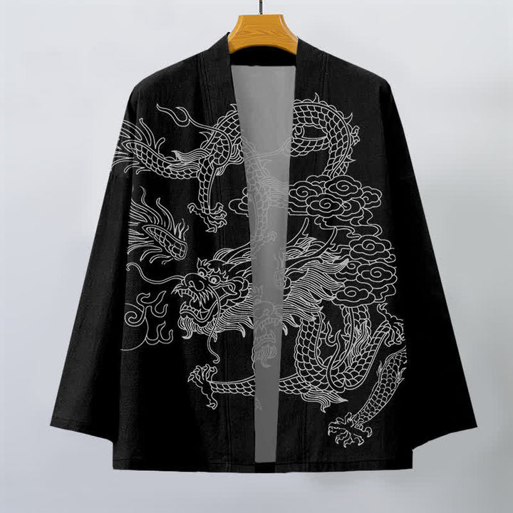 Buddha Stones Kimono da uomo in cotone bianco con motivo drago e nuvole, aperto sul davanti. - image 10
