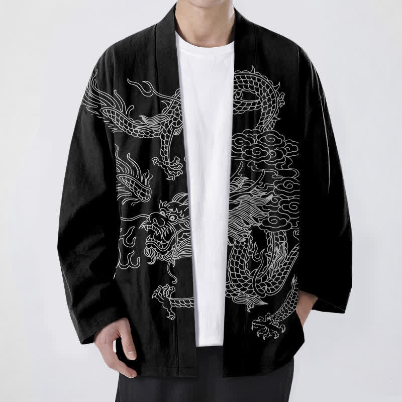 Buddha Stones Kimono da uomo in cotone bianco con motivo drago e nuvole, aperto sul davanti. - Nero - US/UK/AU48, EU58 (4XL) - image 9