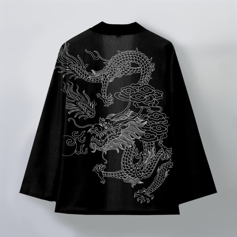 Buddha Stones Kimono da uomo in cotone bianco con motivo drago e nuvole, aperto sul davanti. - image 11