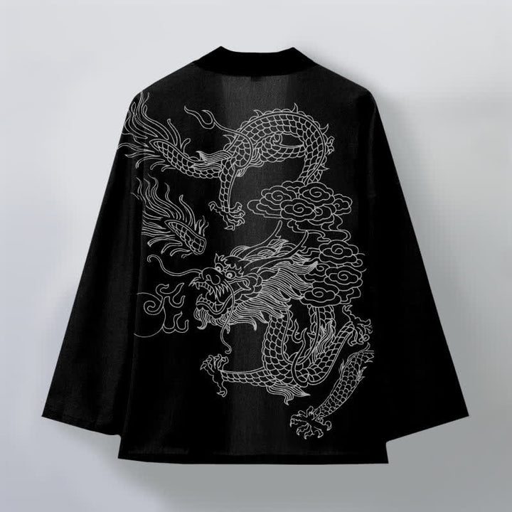 Buddha Stones Kimono da uomo in cotone bianco con motivo drago e nuvole, aperto sul davanti. - image 11