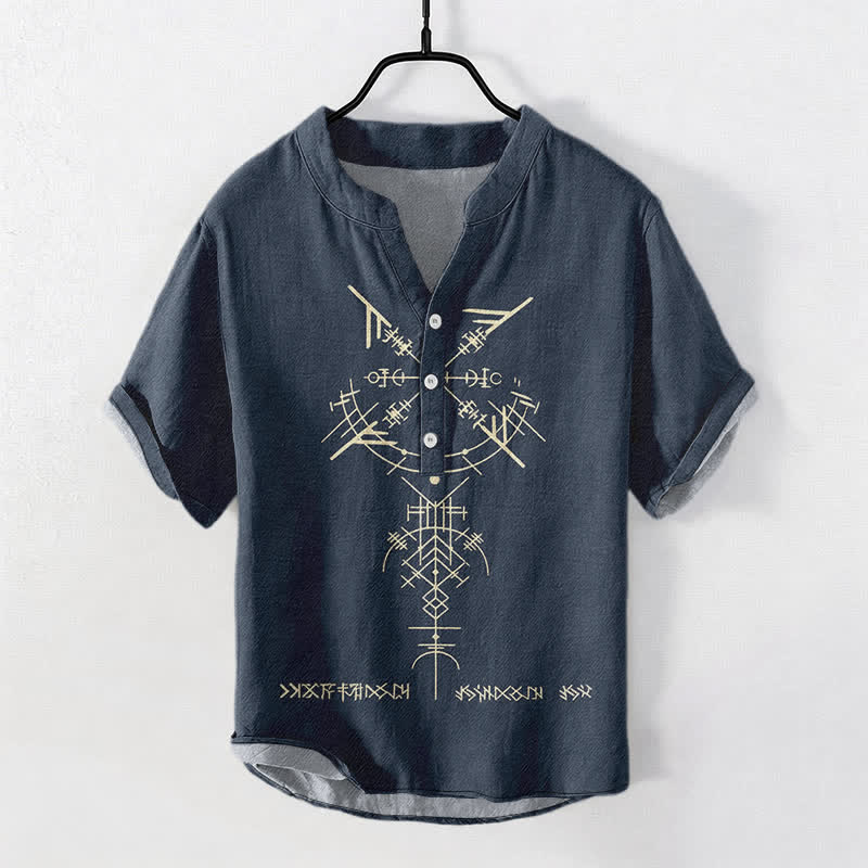 Buddha Stones Camicia da uomo a maniche corte con mezzo bottone, in cotone, con motivo geometrico tribale e rune. - Marina - US/UK/AU50, EU60 (5XL) - image 0