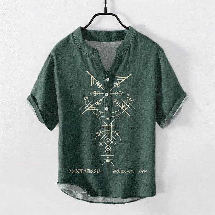 Buddha Stones Camicia da uomo a maniche corte con mezzo bottone, in cotone, con motivo geometrico tribale e rune. - Verde scuro - US/UK/AU50, EU60 (5XL) - image 7
