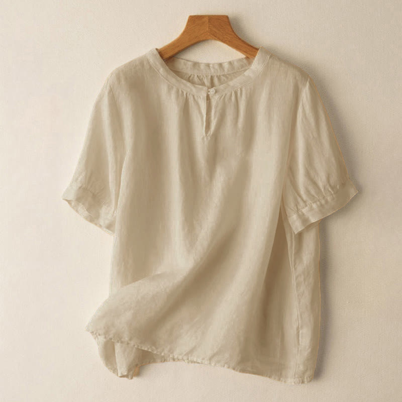 Camicia da donna casual a maniche corte con scollo rotondo e bottoni, con stampa Buddha Stones. - Beige - US8-10, UK/AU12-14, EU40-42 (2XL) - image 0