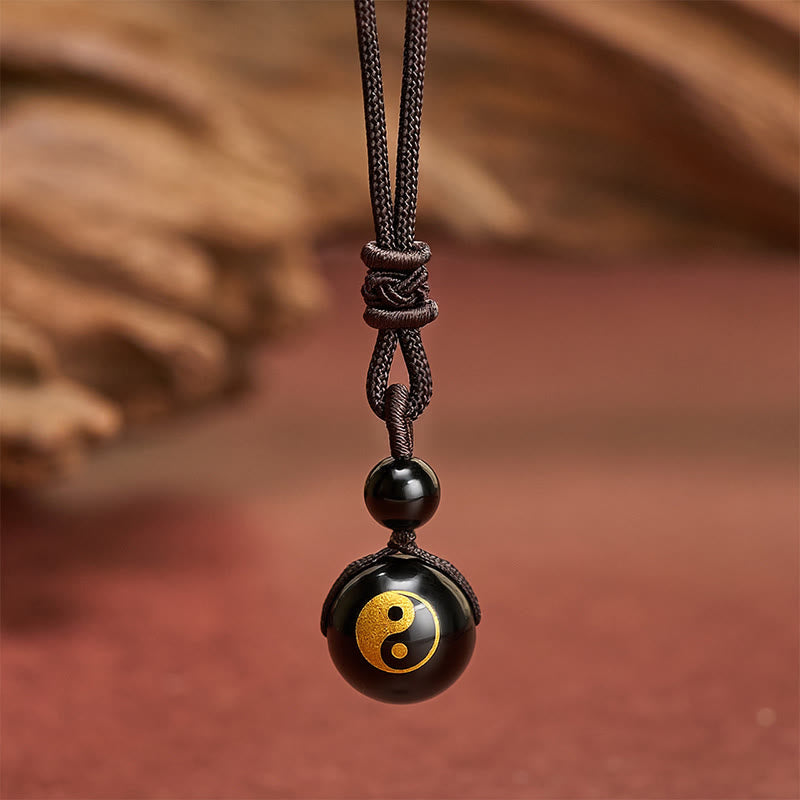 Buddha Stones Collana con ciondolo Yin Yang di purificazione intagliato in ossidiana nera, simbolo di ossidiana nera. - Motivo Yin Yang impresso in oro - 26,8 pollici / 68 cm - image 6