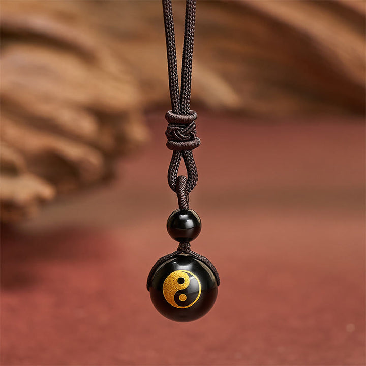 Buddha Stones Collana con ciondolo Yin Yang di purificazione intagliato in ossidiana nera, simbolo di ossidiana nera. - Motivo Yin Yang impresso in oro - 26,8 pollici / 68 cm - image 6