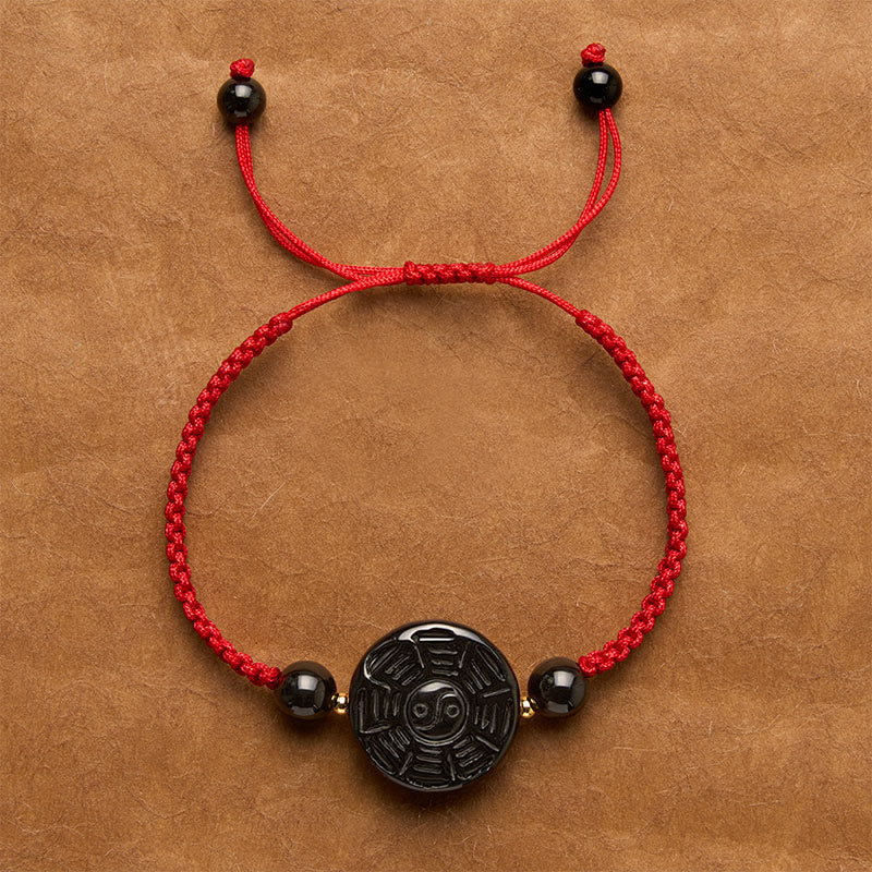 Buddha Stones Braccialetto Bagua rotondo con filo rosso e ossidiana nera, simbolo di benedizione Bagua. - Cordino rosso (circonferenza del polso: 15-17 cm) - Circa 22 × 9 mm - image 0