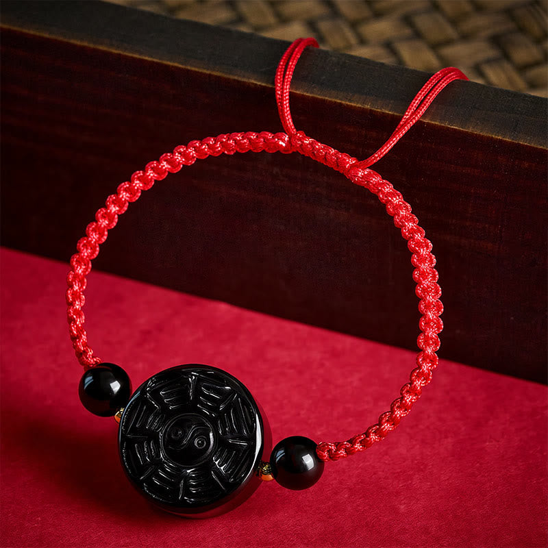 Buddha Stones Braccialetto Bagua rotondo con filo rosso e ossidiana nera, simbolo di benedizione Bagua. - image 1