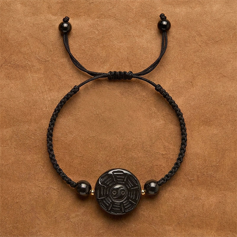 Buddha Stones Braccialetto Bagua rotondo con filo rosso e ossidiana nera, simbolo di benedizione Bagua. - Cordino nero (circonferenza del polso: 15-17 cm) - Circa 22 × 9 mm - image 8