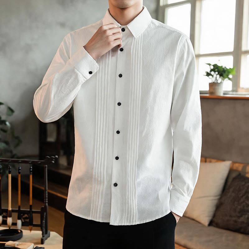 Buddha Stones Camicia da uomo a maniche lunghe, tinta unita, minimalista, con pieghe e bottoni, ideale per la primavera. - image 1