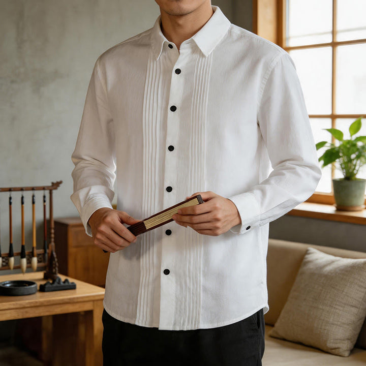 Buddha Stones Camicia da uomo a maniche lunghe, tinta unita, minimalista, con pieghe e bottoni, ideale per la primavera. - Bianco - US/UK/AU46, EU56 (5XL) - image 0