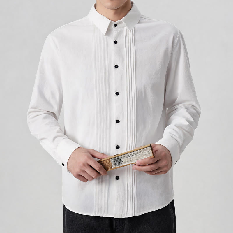 Buddha Stones Camicia da uomo a maniche lunghe, tinta unita, minimalista, con pieghe e bottoni, ideale per la primavera. - image 2