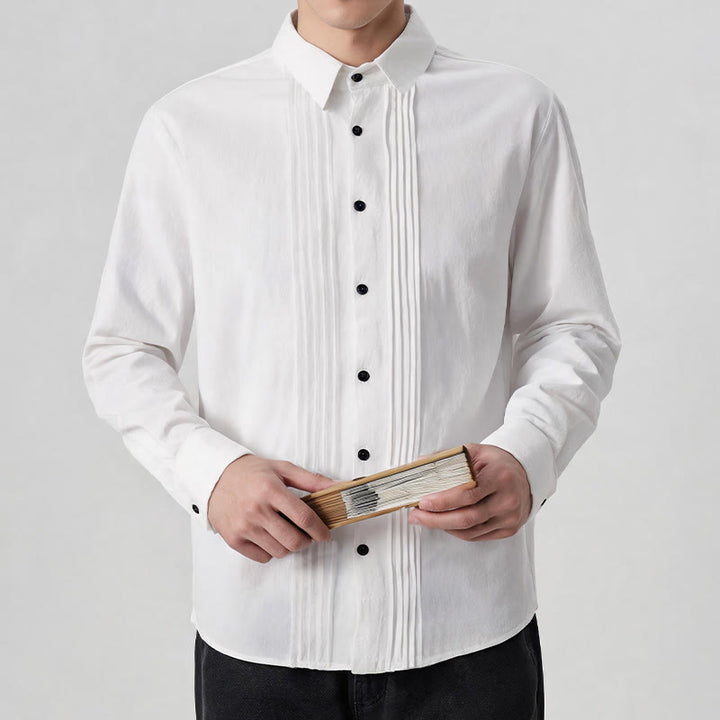 Buddha Stones Camicia da uomo a maniche lunghe, tinta unita, minimalista, con pieghe e bottoni, ideale per la primavera. - image 2