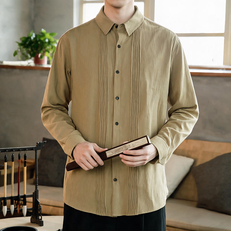 Buddha Stones Camicia da uomo a maniche lunghe, tinta unita, minimalista, con pieghe e bottoni, ideale per la primavera. - Tan - US/UK/AU46, EU56 (5XL) - image 14