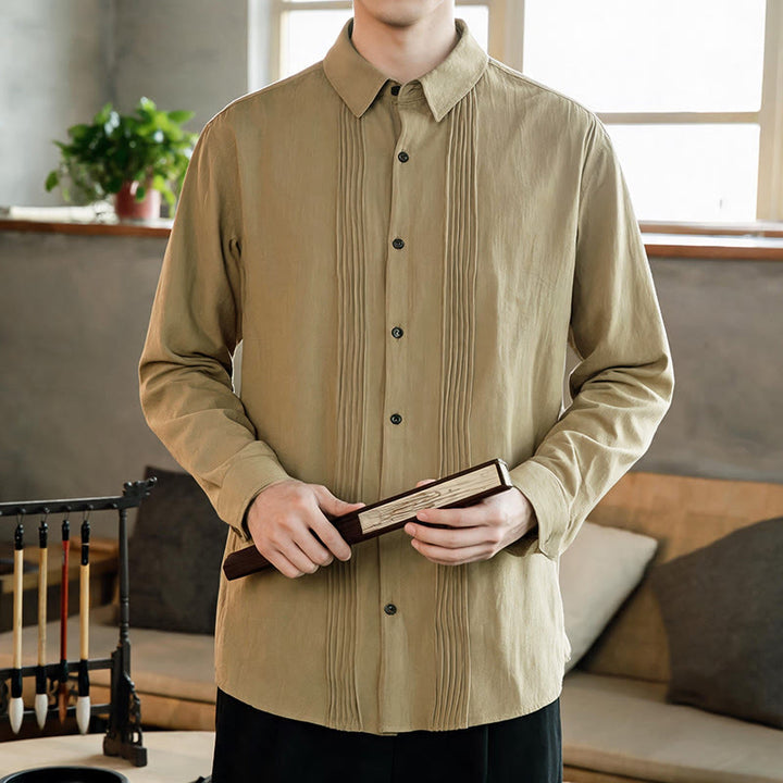 Buddha Stones Camicia da uomo a maniche lunghe, tinta unita, minimalista, con pieghe e bottoni, ideale per la primavera. - Tan - US/UK/AU46, EU56 (5XL) - image 14