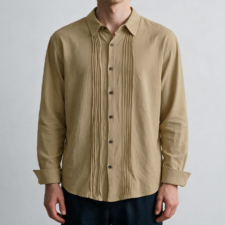 Buddha Stones Camicia da uomo a maniche lunghe, tinta unita, minimalista, con pieghe e bottoni, ideale per la primavera. - image 16